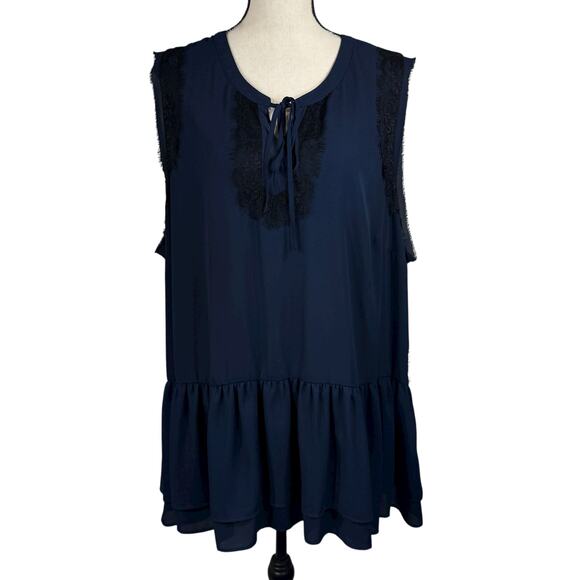 Lane Bryant SZ 28 Tunic Top Sleeveless Ruffled Lace Accent Keyhole V-Neck Navy - Picture 1 of 10